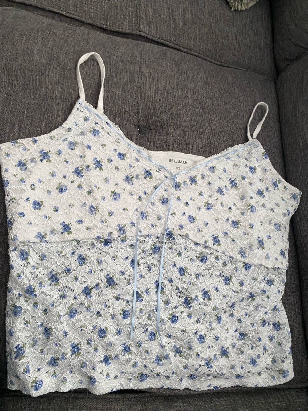 Hollister White Lace Floral Cami with Blue Flower Print